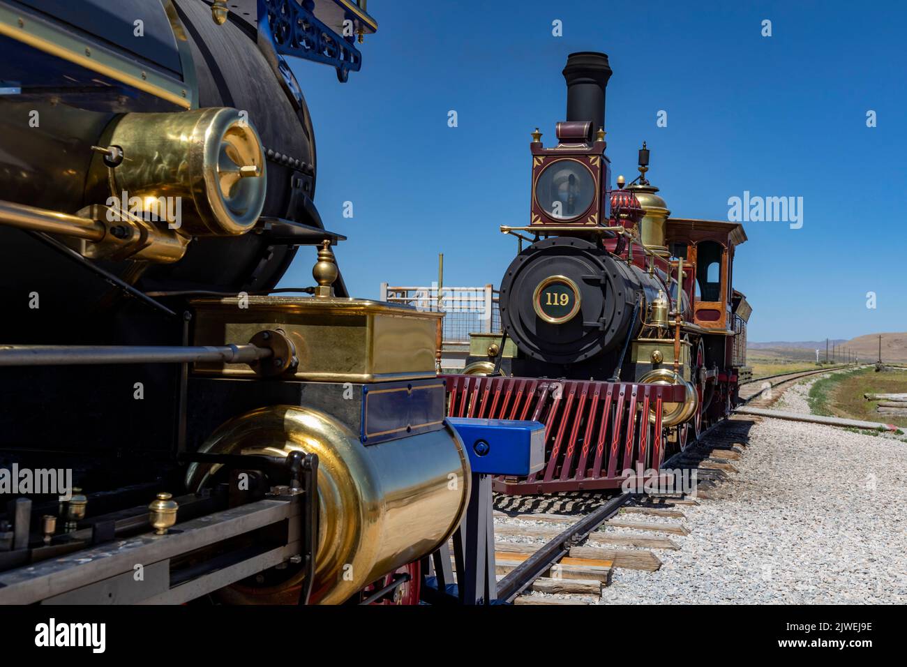 Promontory Summit, Utah - Golden Spike National Historical Park, where the first transcontinental railroad tracks were completed in 1869. Stock Photo