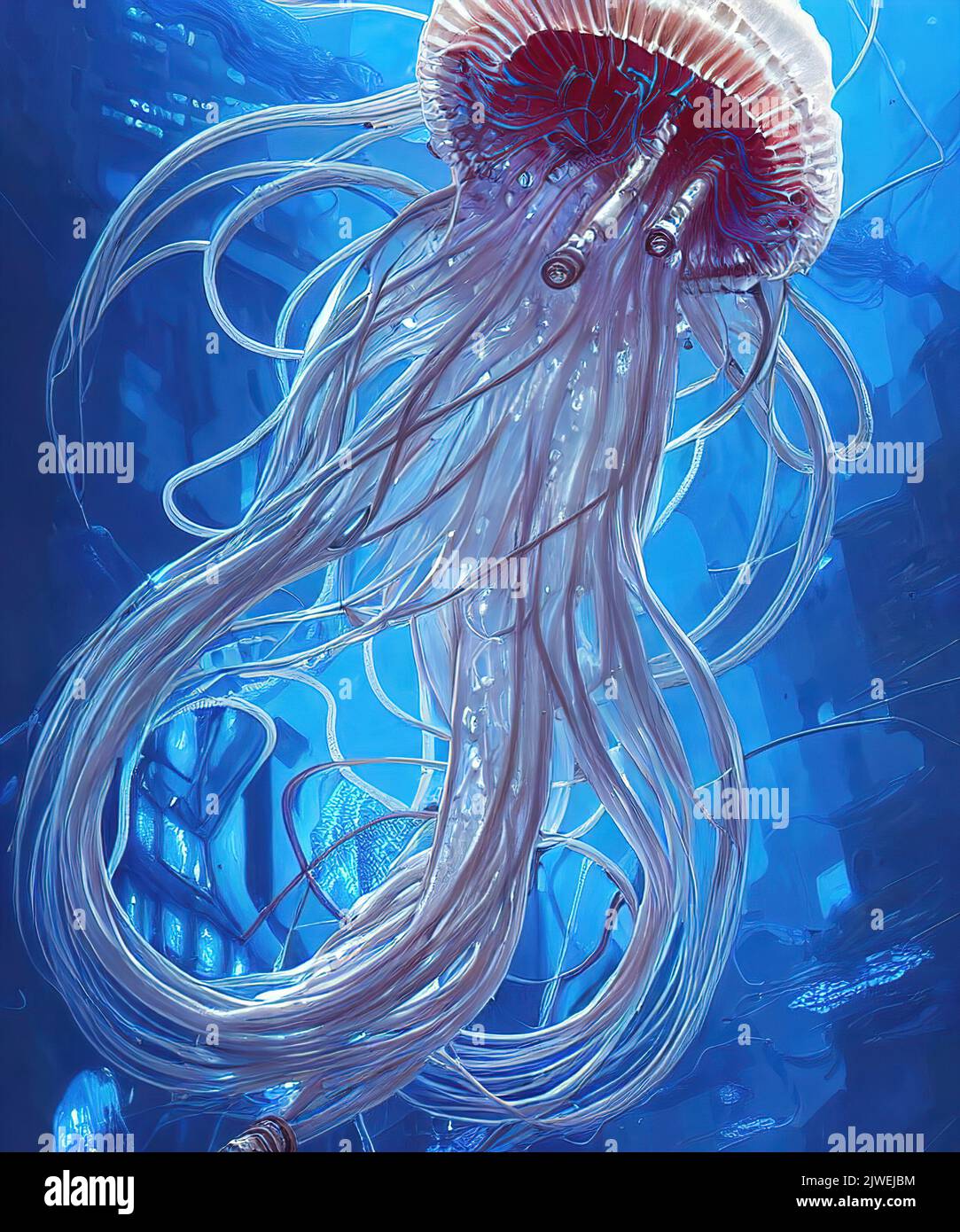Cyberpunk jellyfish in the sea. Tubes and mechanical parts of jellyfish