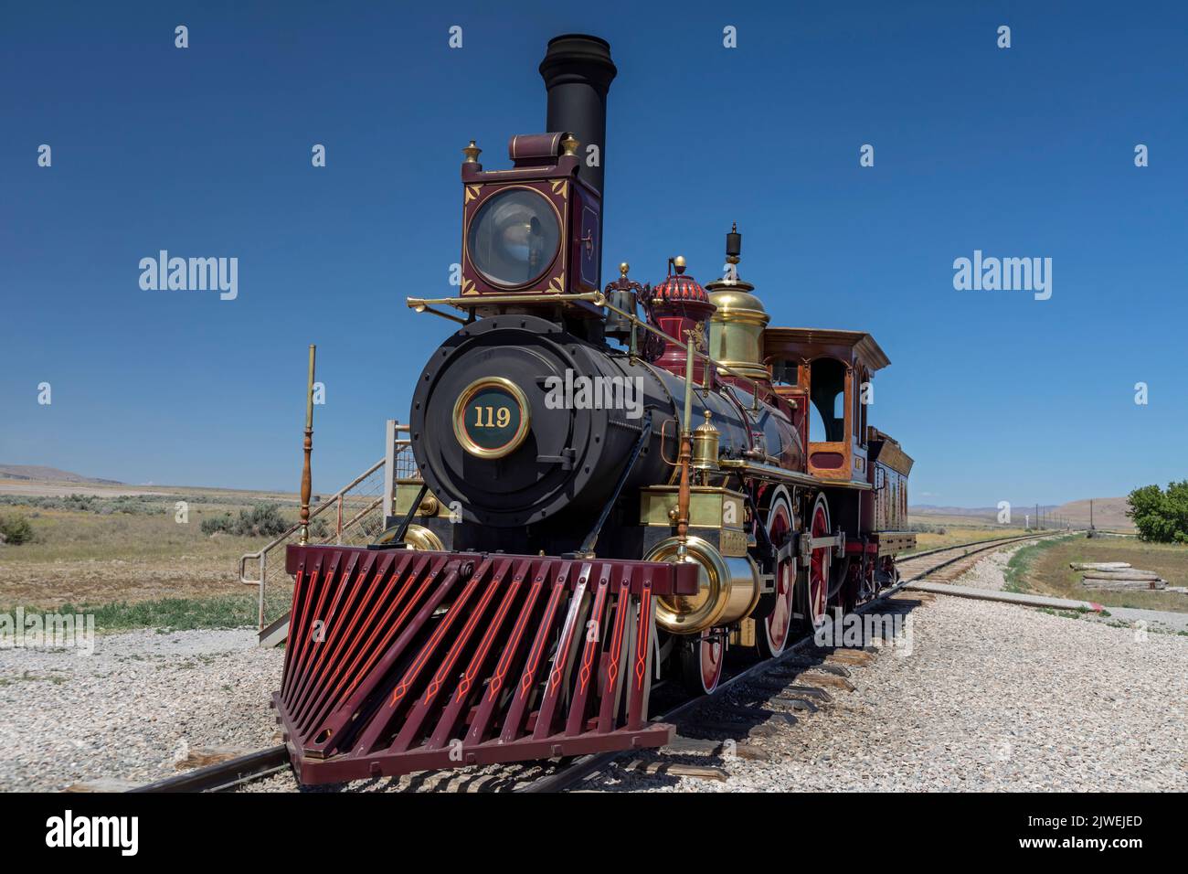 Promontory Summit, Utah - Golden Spike National Historical Park, where the first transcontinental railroad tracks were completed in 1869. Union Pacifi Stock Photo