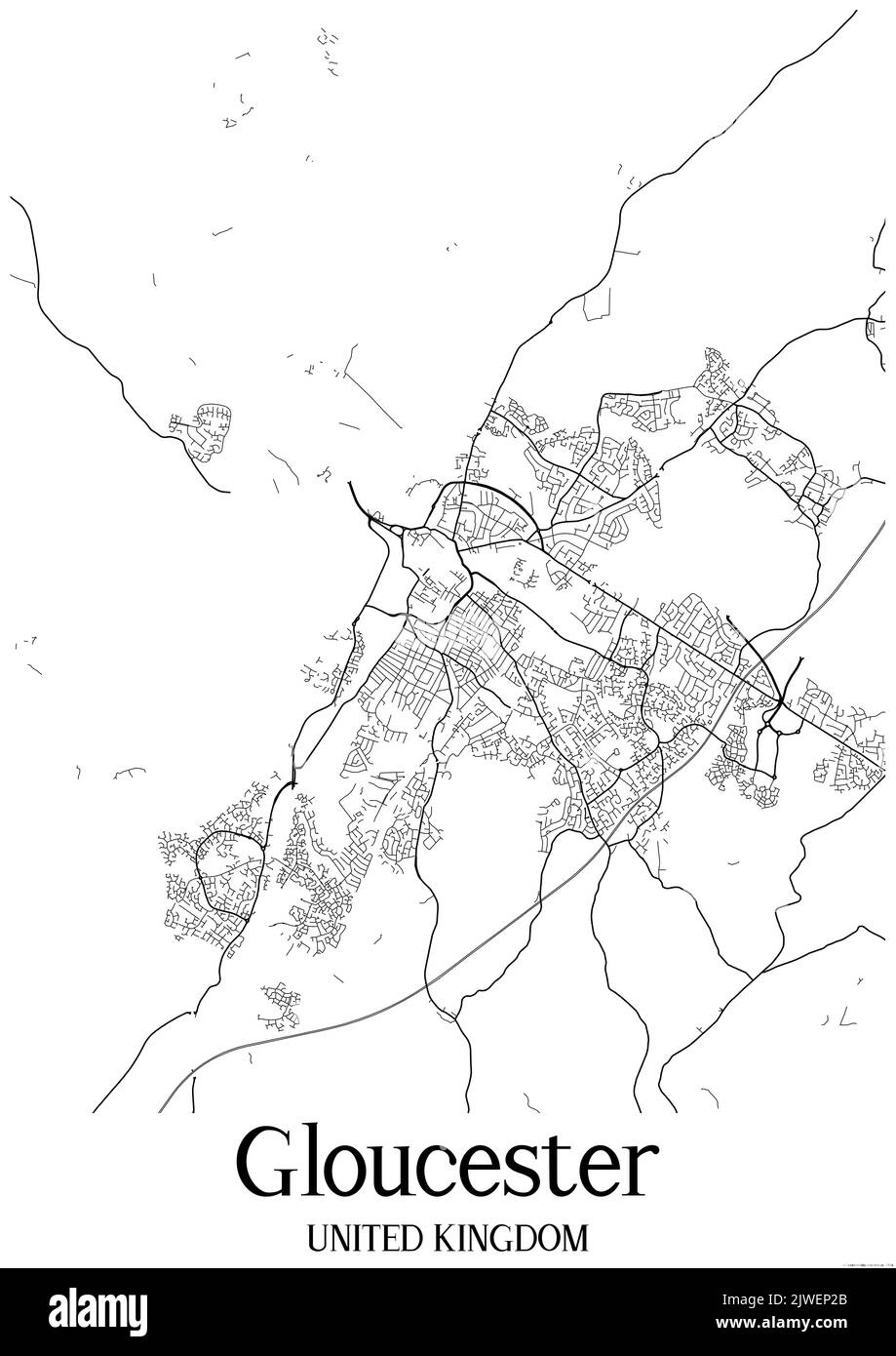 Black and white classic urban map of Gloucester United Kingdom.This map contains geographic lines for main and secondary roads. Stock Photo