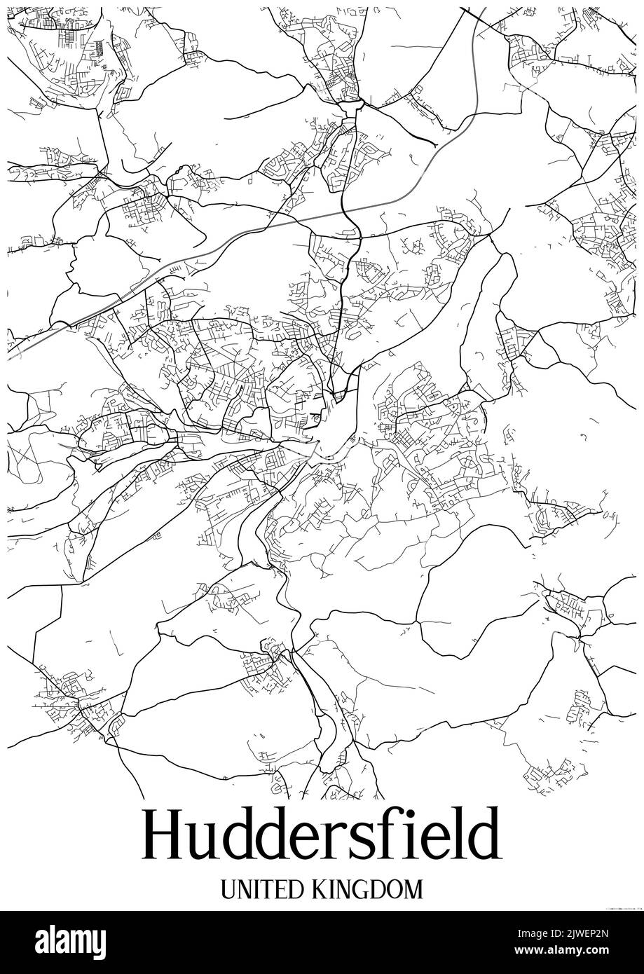 Black and white classic urban map of Huddersfield United Kingdom.This