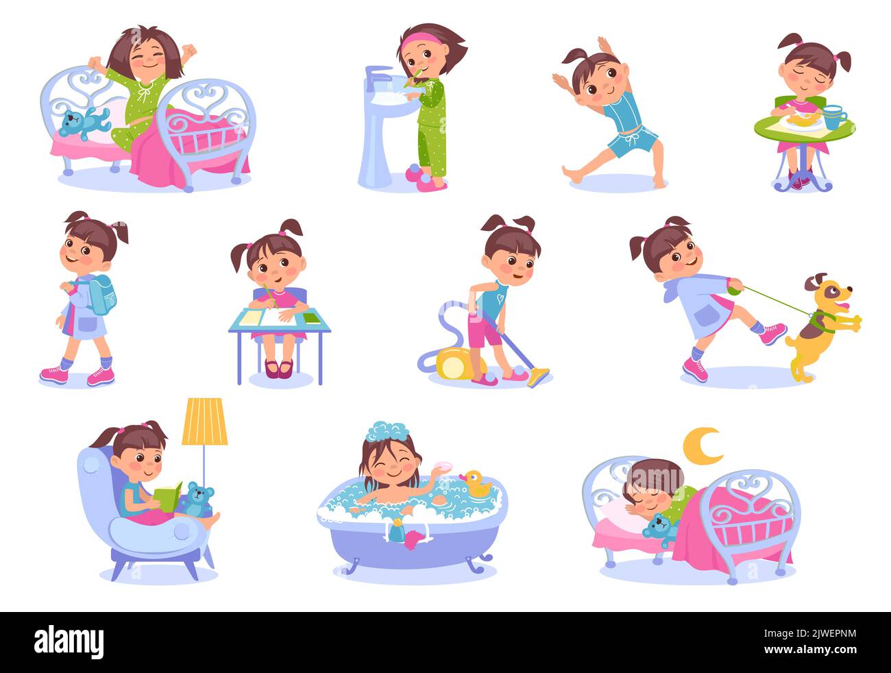 Funny girl daily routine. Everyday kids activities. Little child awakening and doing exercises. Hygiene and studying. Domestic pastime. Teen eating Stock Vector
