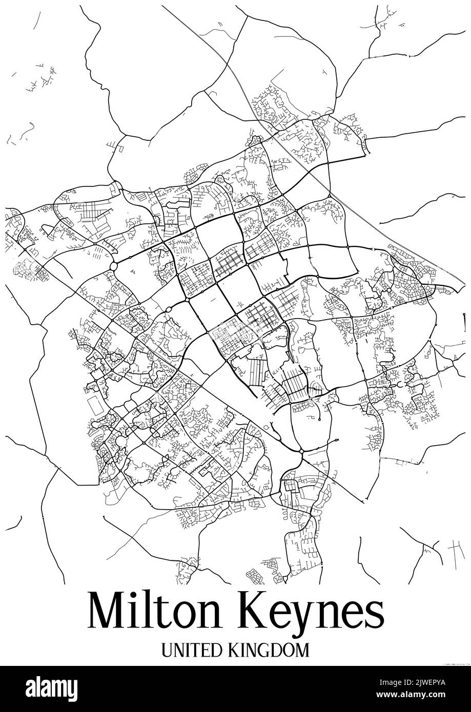 Black and white classic urban map of Milton Keynes United Kingdom.This