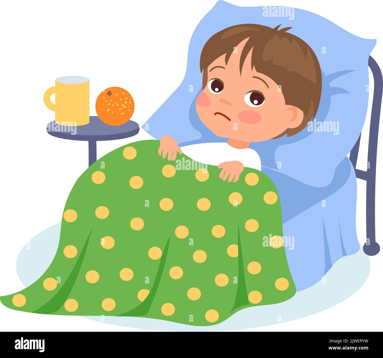 Ill child. Kids illnesses. Injuries and ailments. Sick boy lying in bed