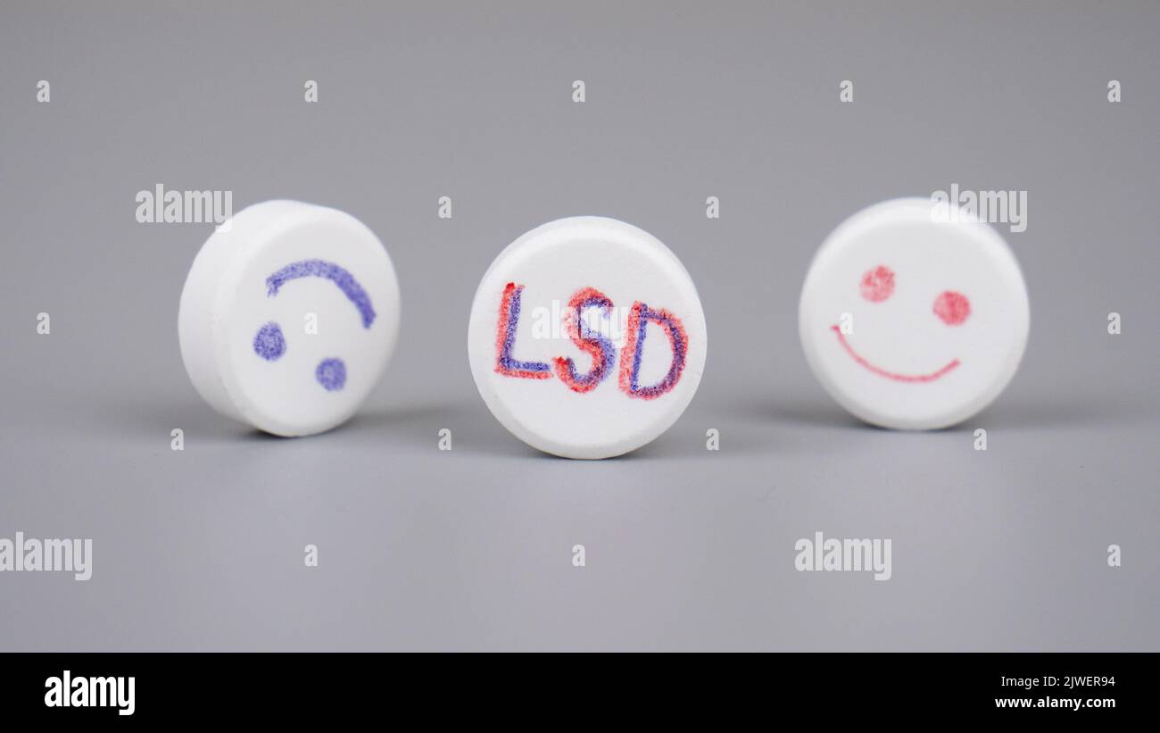 LSD pill, medical use of lsd to treat PTSD and depression. Stock Photo