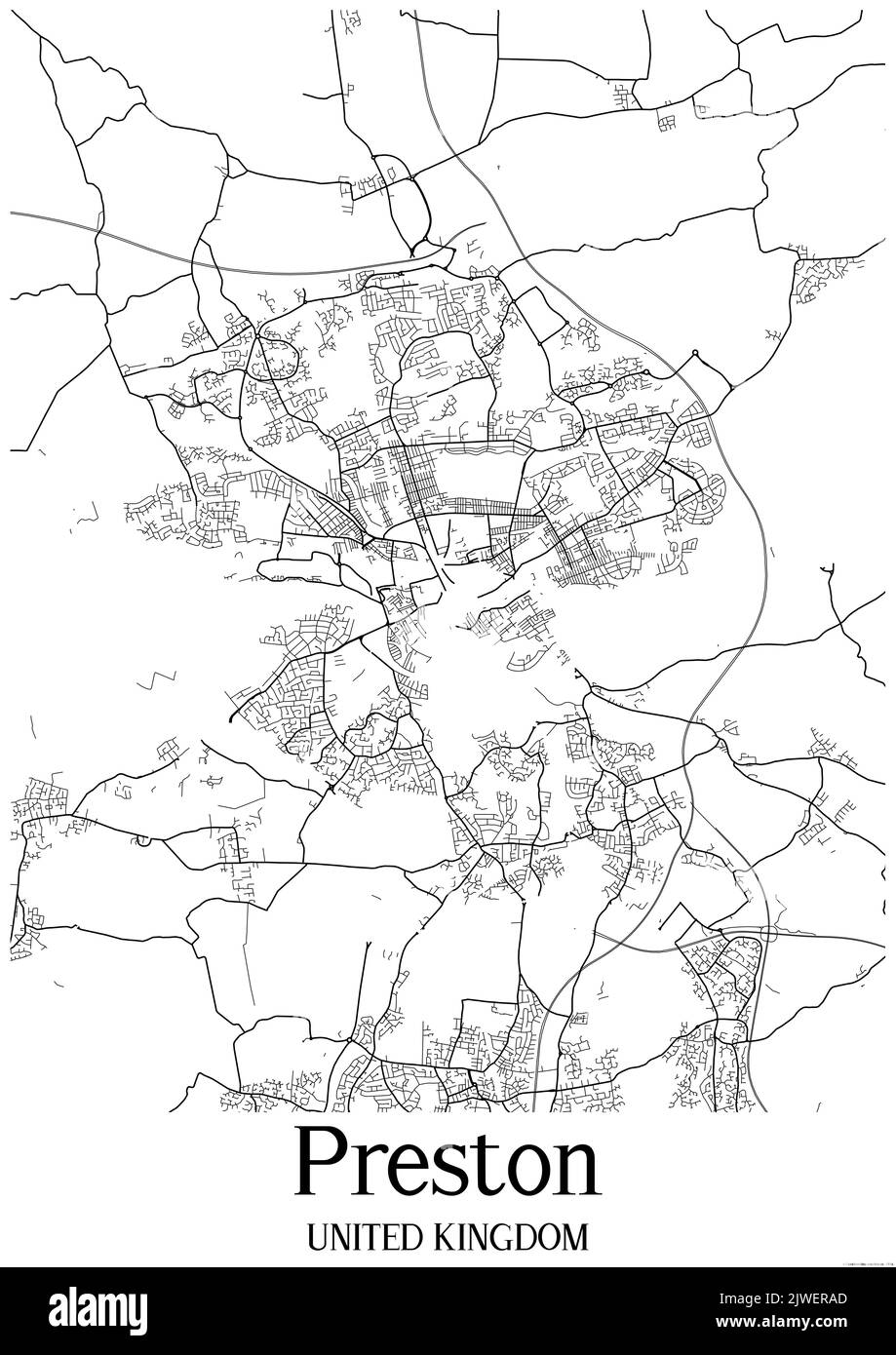 Black and white classic urban map of Preston United Kingdom.This map