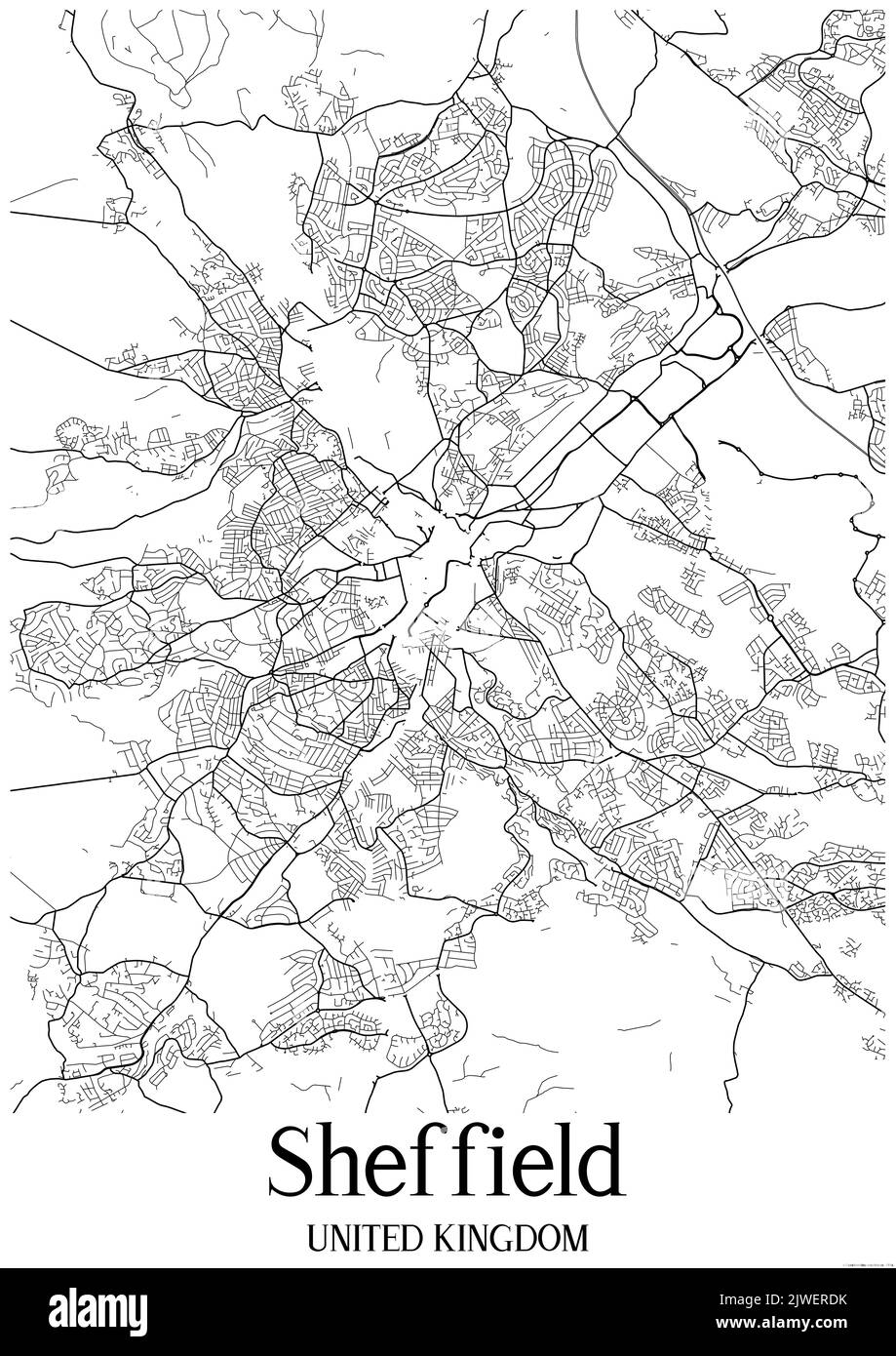 Black and white classic urban map of Sheffield United Kingdom.This map contains geographic lines for main and secondary roads. Stock Photo