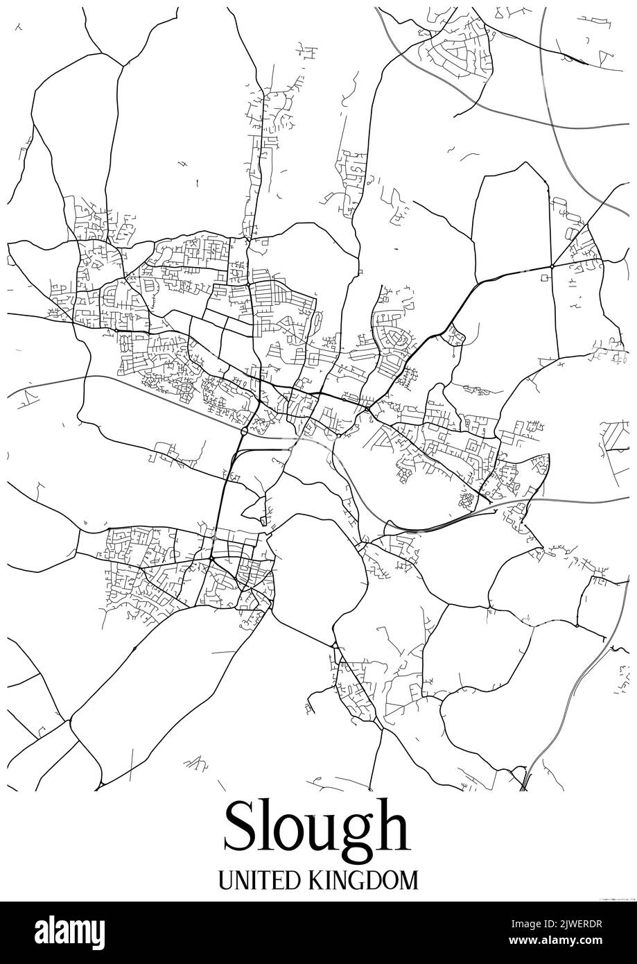 Black and white classic urban map of Slough United Kingdom.This map