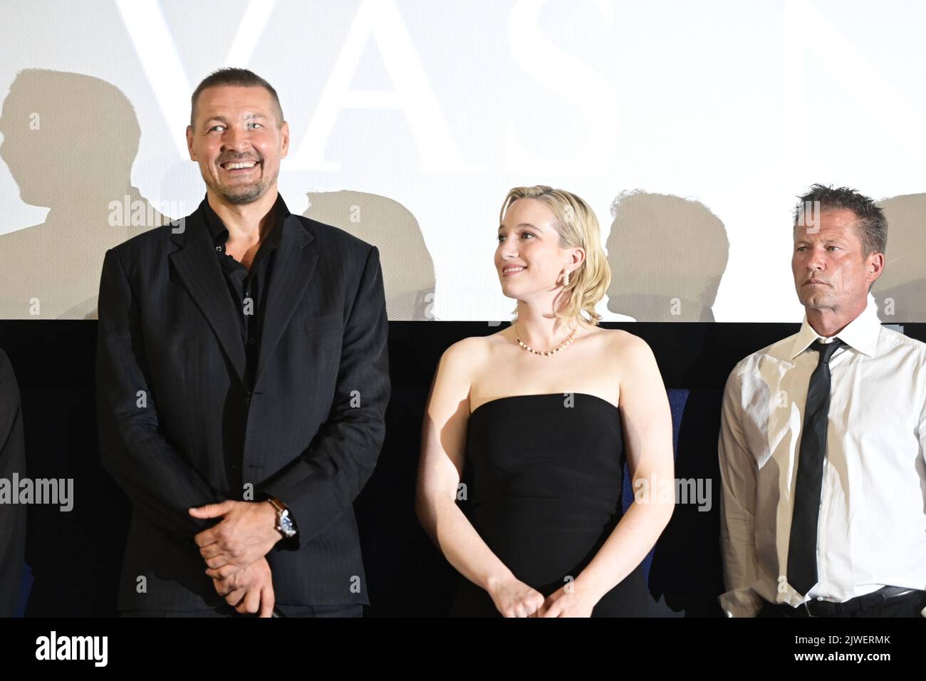 Prague, Czech Republic. 05th Sep, 2022. L-R director Petr Jakl and actors Til Schweiger and Sophie Lowe attend the premiere of the film Medieval (Jan Zizka), one of the most expensive films in Czech history, on September 5, 2022, in Prague, Czech Republic. Credit: Roman Vondrous/CTK Photo/Alamy Live News Stock Photo