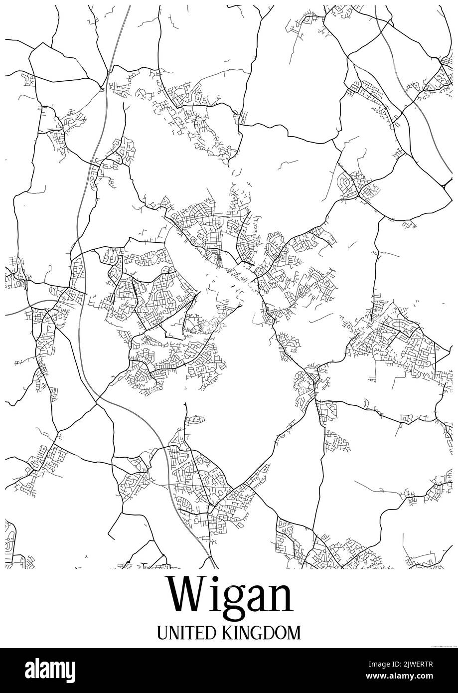 Black and white classic urban map of Wigan United Kingdom.This map