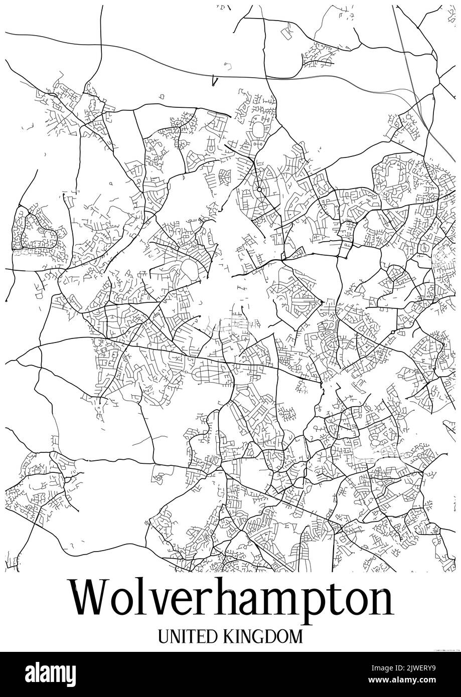 Black and white urban map of Wolverhampton United Kingdom.This map
