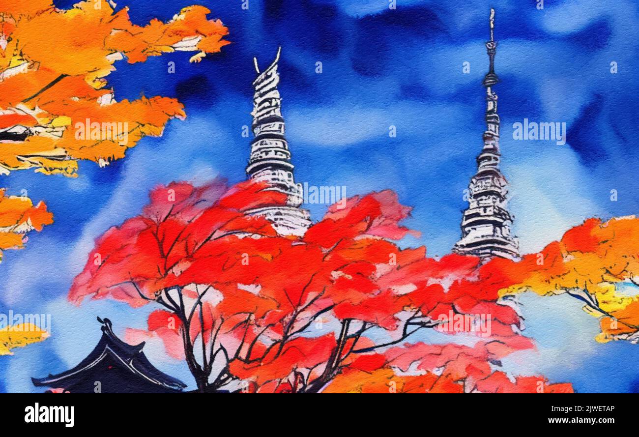 Watercolor drawing Japan landmark in autumn. Famous Japanese place