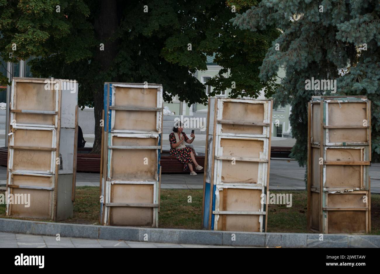 Statues of Scyphian Baba, near the Kharkiv Museum of History, covered to protect from shelling and missile attack from Russia Stock Photo