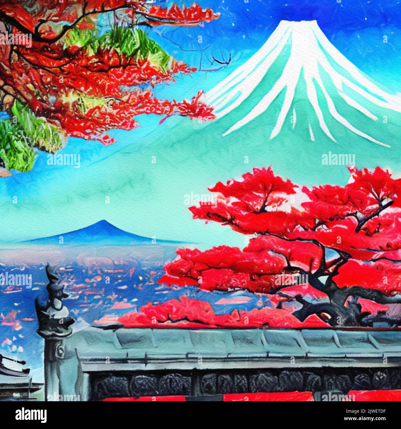 Watercolor drawing Japan landmark in autumn. Famous Japanese place