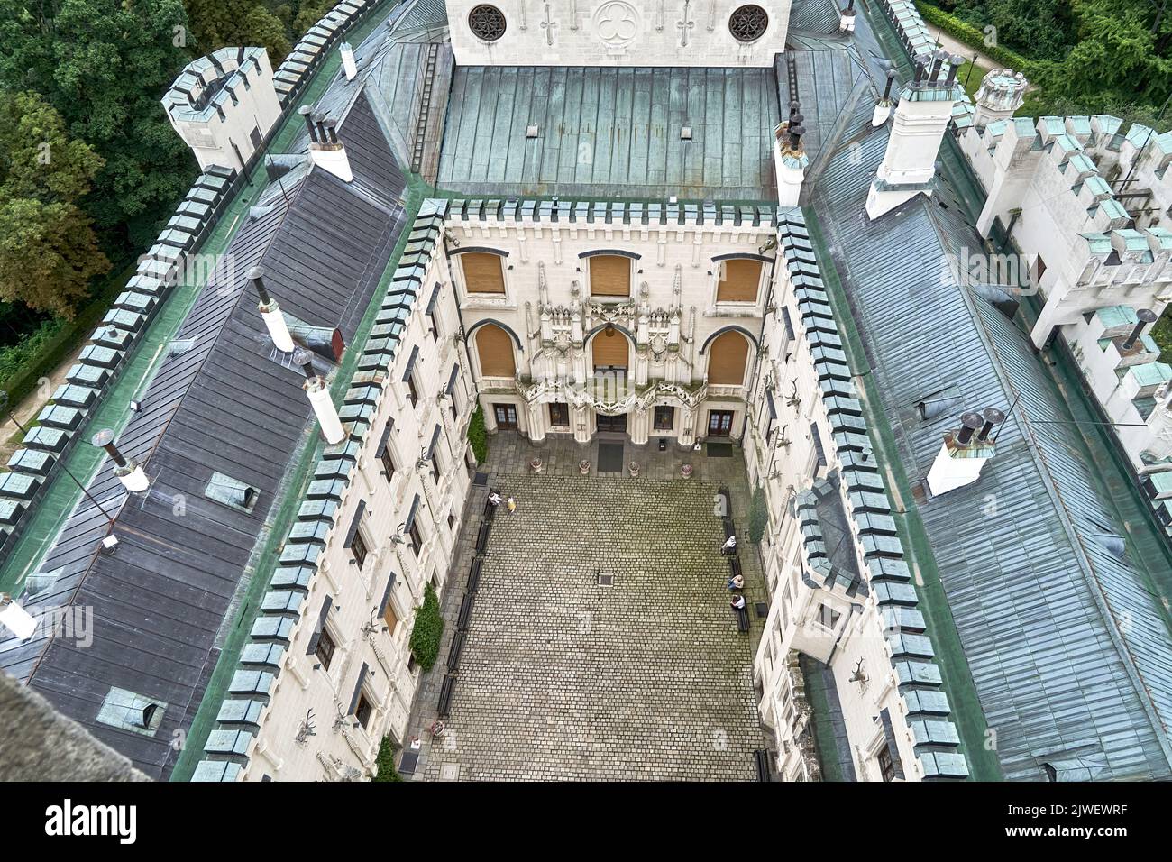 Budweis, Czech Republic, July 1, 2022: Aerial view of the courtyard of Frauenberg castle near Budweis, white castle with many deer antlers Stock Photo