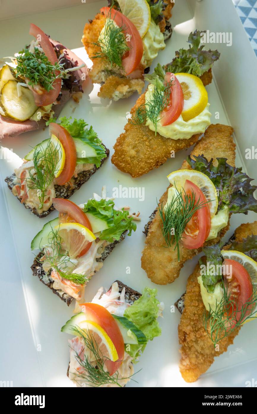 Seafood Smorrebrod open-faced Danish sandwiches Stock Photo