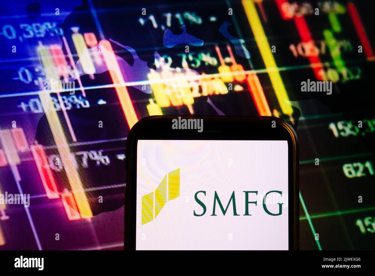 KONSKIE, POLAND - September 04, 2022: Smartphone displaying logo of Sumitomo Mitsui Financial Group (SMFG) company on stock exchange diagram backgroun Stock Photo