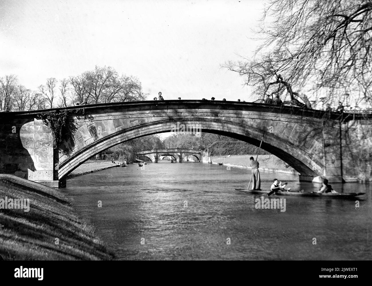 King's College bridge, punting along the river Cam, Cambridge, 1932