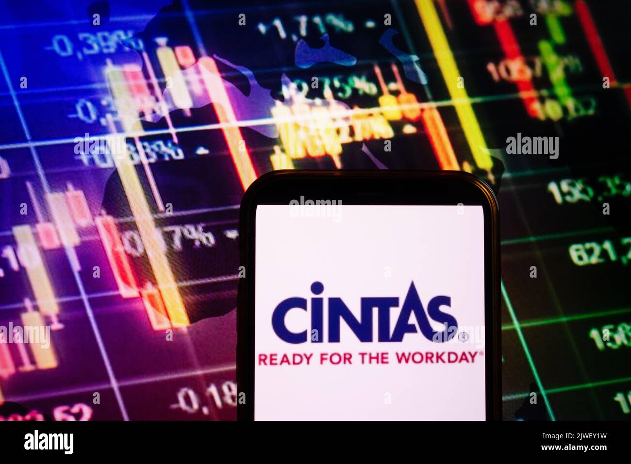 KONSKIE, POLAND - September 04, 2022: Smartphone displaying logo of Cintas company on stock exchange diagram background Stock Photo