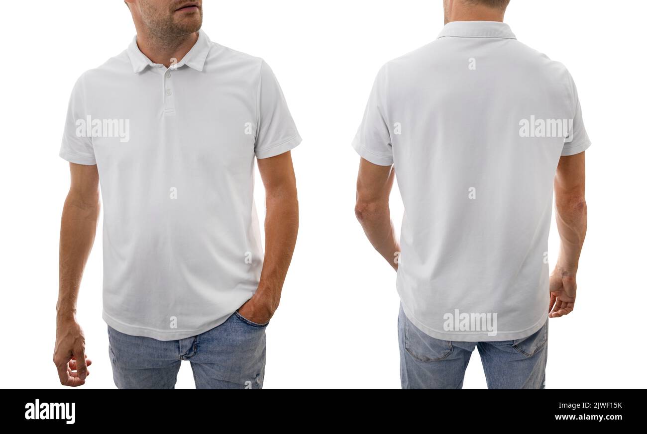 man in white cotton polo shirt isolated on white background. mockup for design Stock Photo