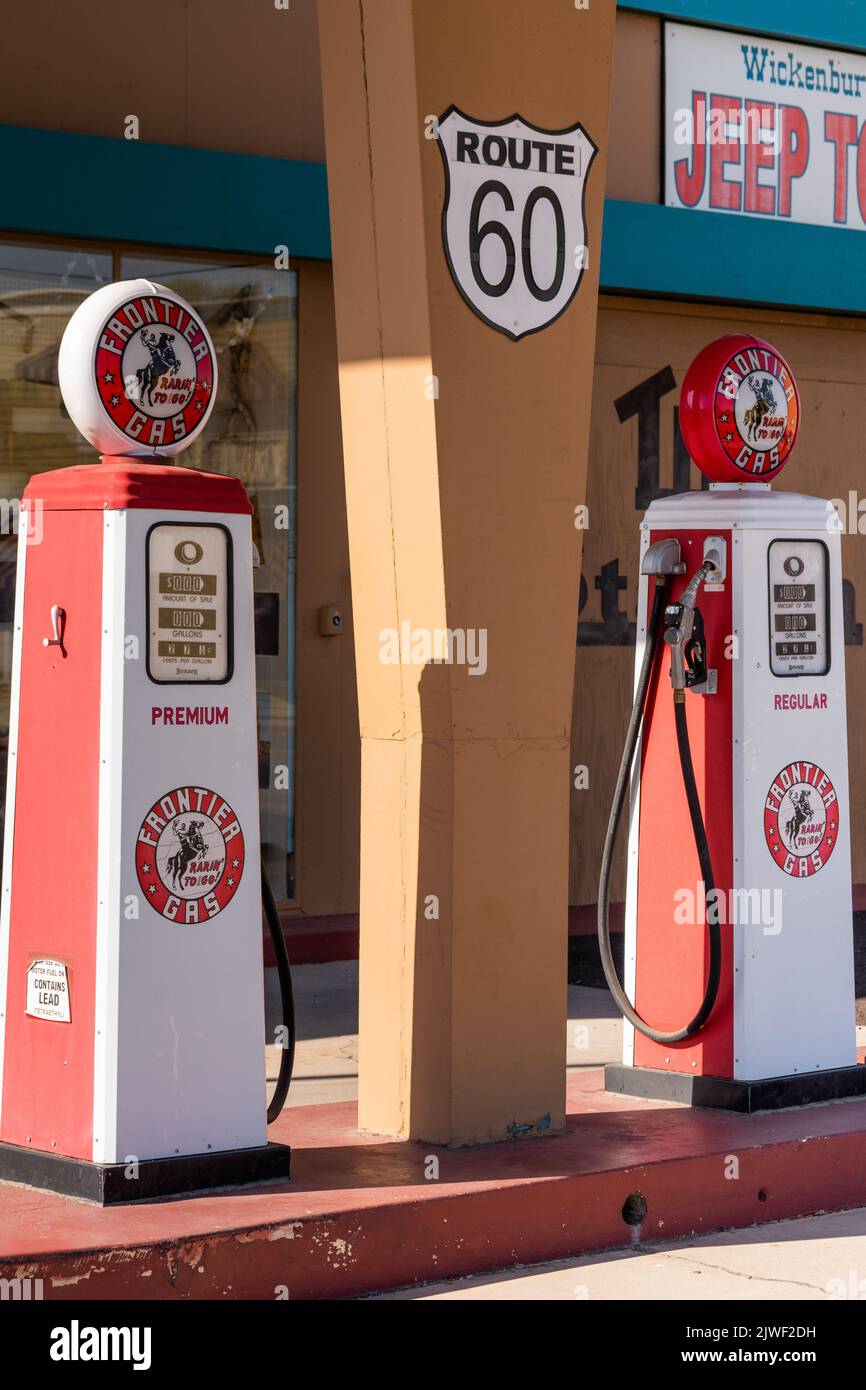 Antique Frontier Gas fuel pumps in Wickenburg, Arizona. Stock Photo