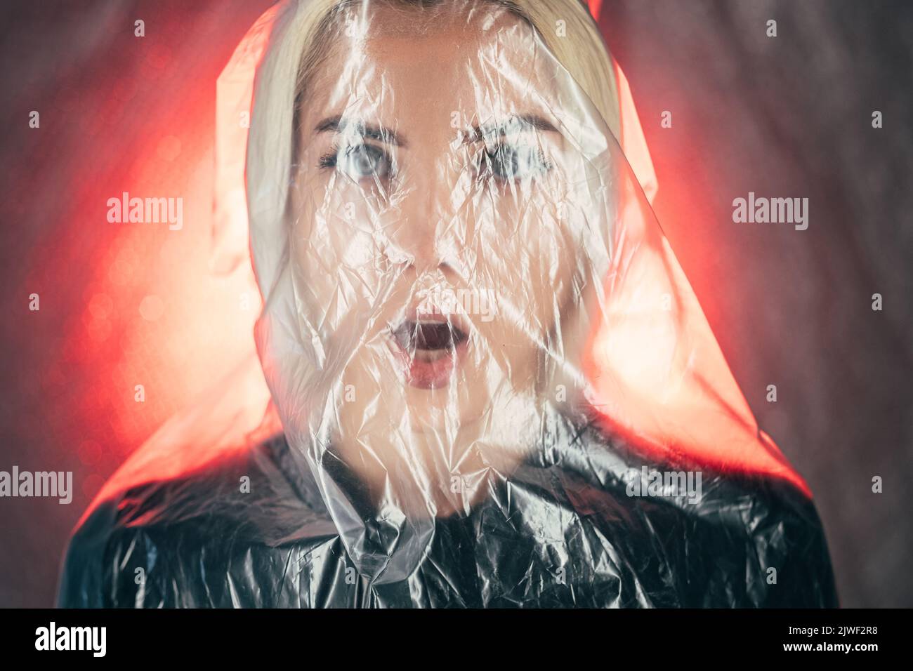 shocked woman art defocused portrait plastic Stock Photo