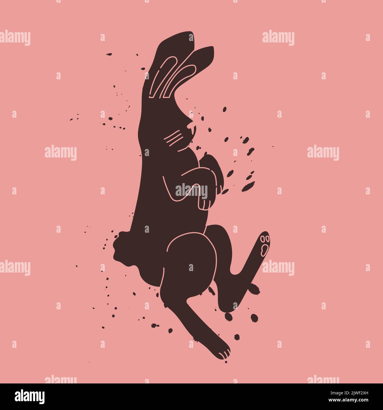 Black rabbit on a pink background with splashes of black. The hare is