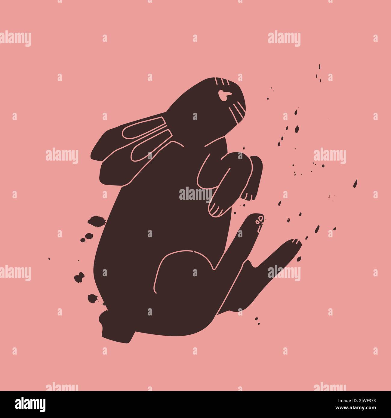 Black rabbit on a pink background with splashes of black. The hare is
