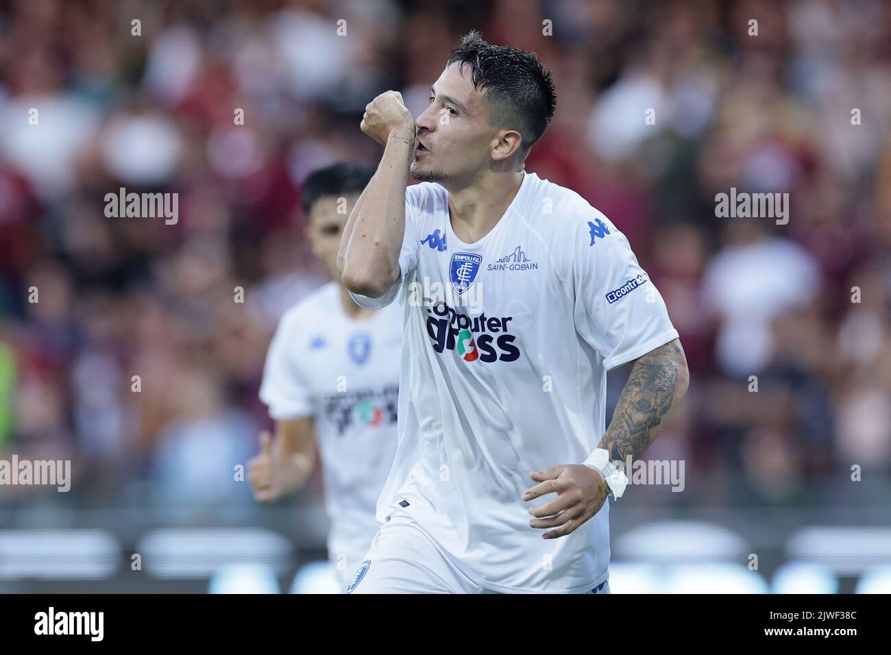 Salerno, Italy. 05th Sep, 2022. Martin Satriano of Empoli FC celebrates after scoring the goal of 0-1 during the Serie A football match between US Salernitana and Empoli FC at Arechi stadium in Salerno (Italy), September 05th, 2022. Photo Cesare Purini/Insidefoto Credit: Insidefoto di andrea staccioli/Alamy Live News Stock Photo