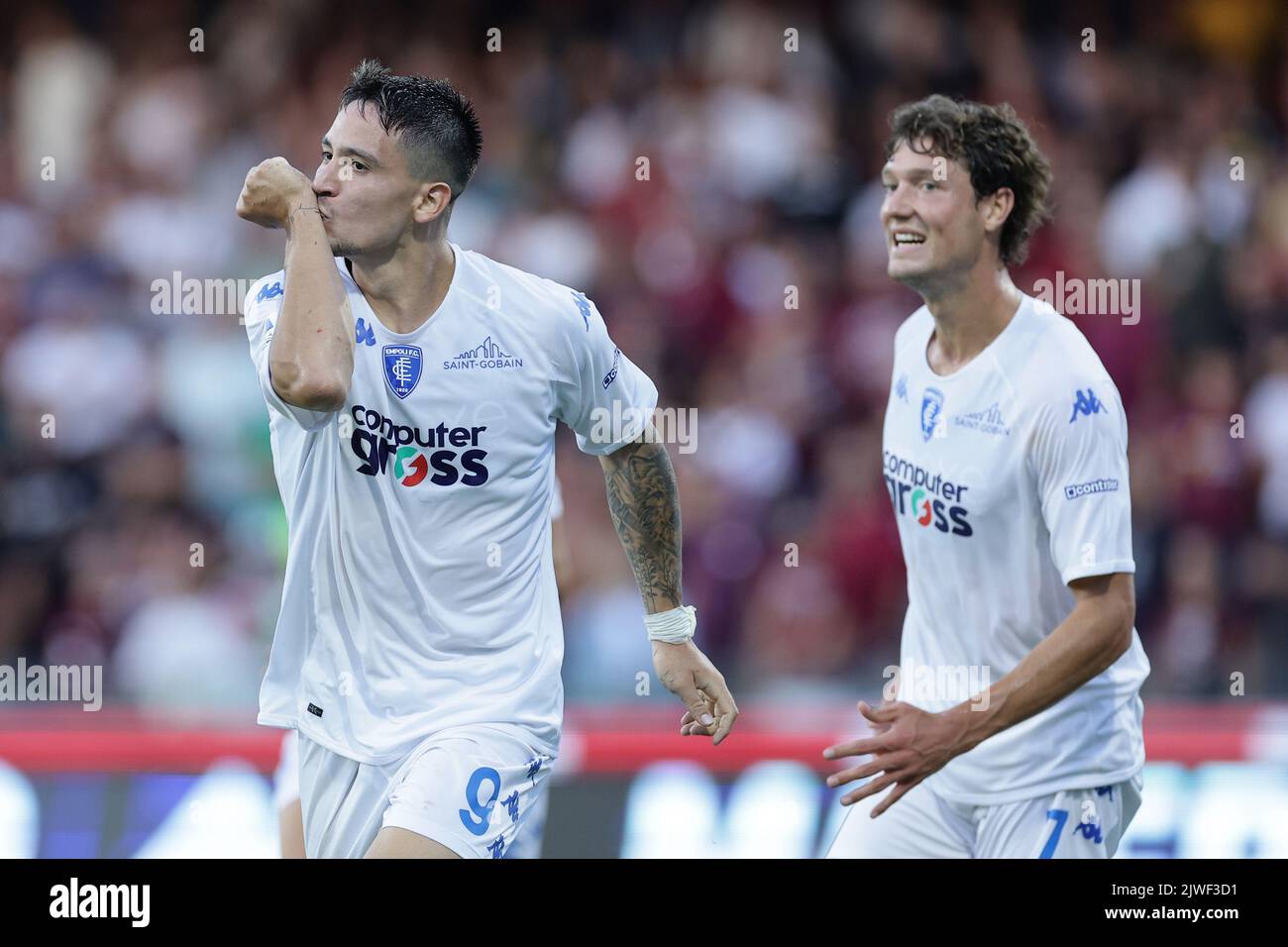Salerno, Italy. 05th Sep, 2022. Martin Satriano of Empoli FC celebrates after scoring the goal of 0-1 during the Serie A football match between US Salernitana and Empoli FC at Arechi stadium in Salerno (Italy), September 05th, 2022. Photo Cesare Purini/Insidefoto Credit: Insidefoto di andrea staccioli/Alamy Live News Stock Photo