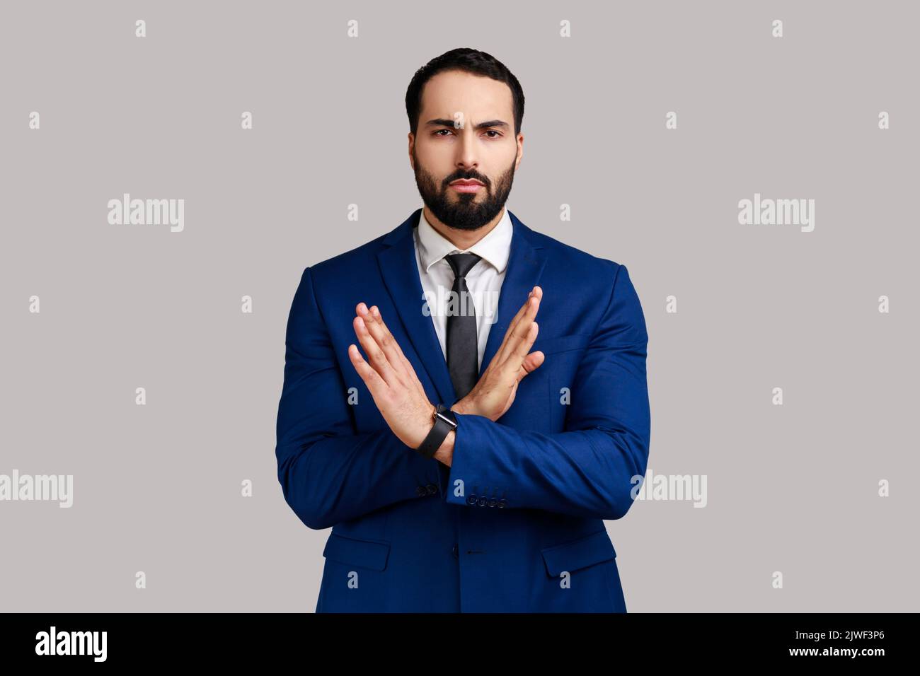 No, this is the end. Bearded man crossing hands, gesturing warning or