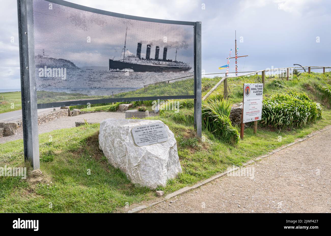 Lusitania Memorial Sign on Old Head at the Signal Tower, County Cork, Ireland Stock Photo