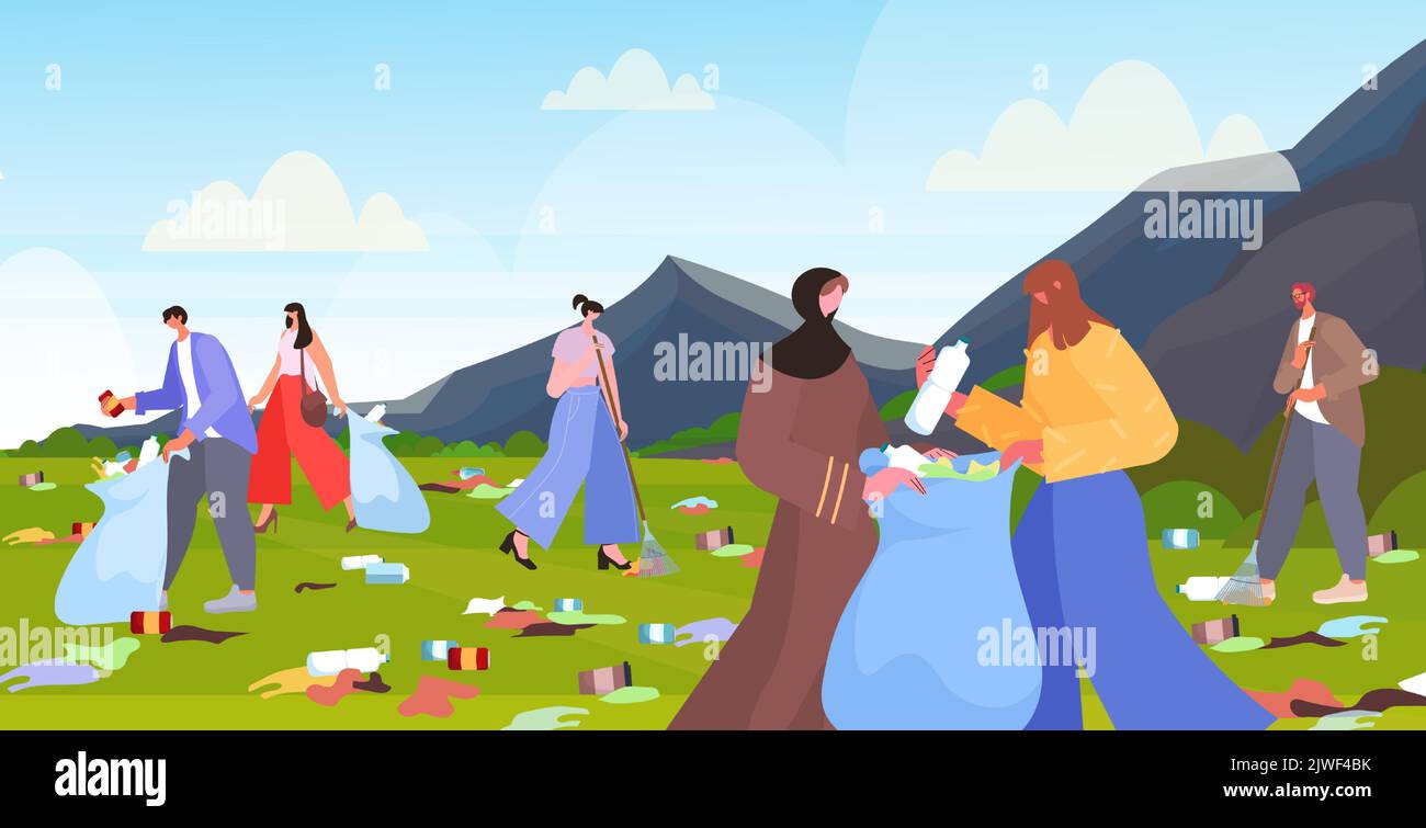 people collecting trash into bags clean up garbage ecological challenge save planet world environment concept Stock Vector