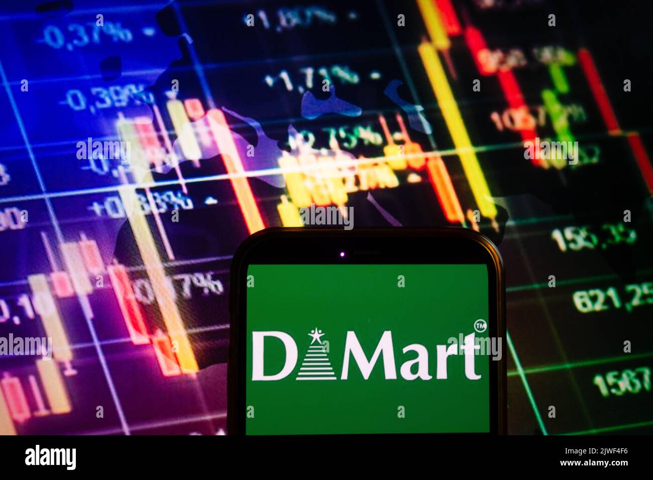 KONSKIE, POLAND - September 04, 2022: Smartphone displaying logo of DMart company on stock exchange diagram background Stock Photo