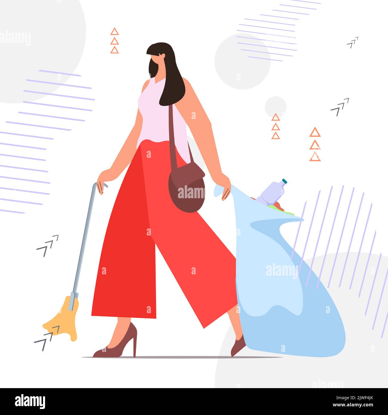 woman collecting trash into bag clean up garbage ecological challenge save planet world environment concept Stock Vector
