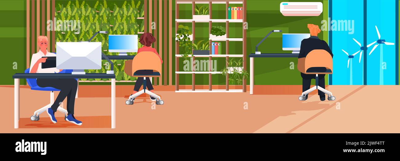 businesspeople sitting at workplace and using computer in eco office with green plants horizontal Stock Vector