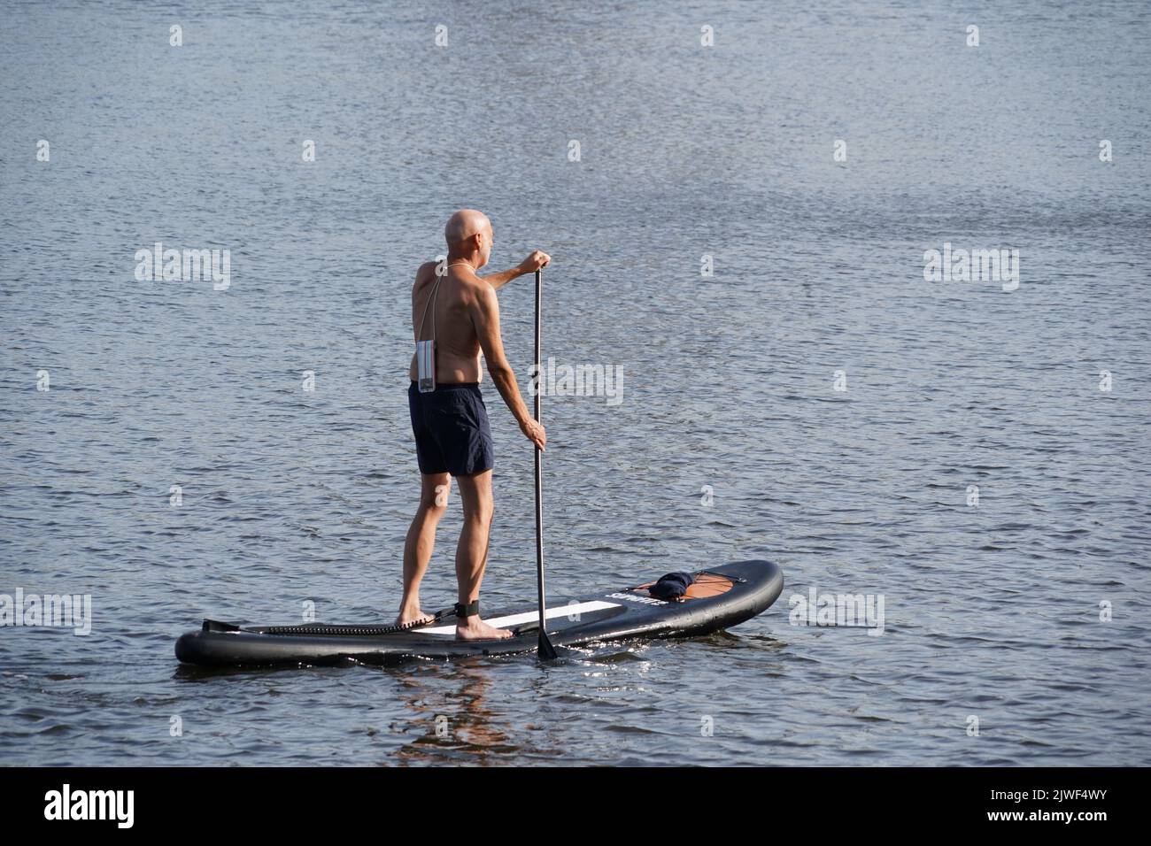 Man standing on a stand up paddle board is paddling on a lake. Stock Photo