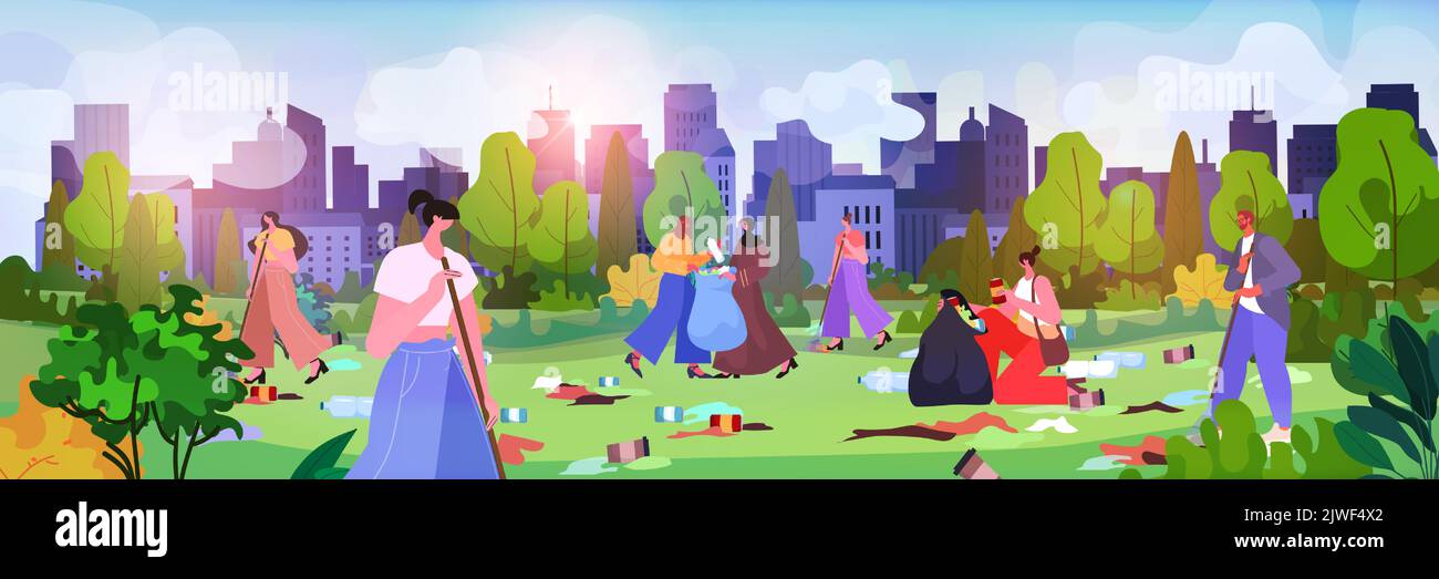 people collecting trash into bags for cleaning urban park clean up garbage ecological challenge save planet world environment Stock Vector