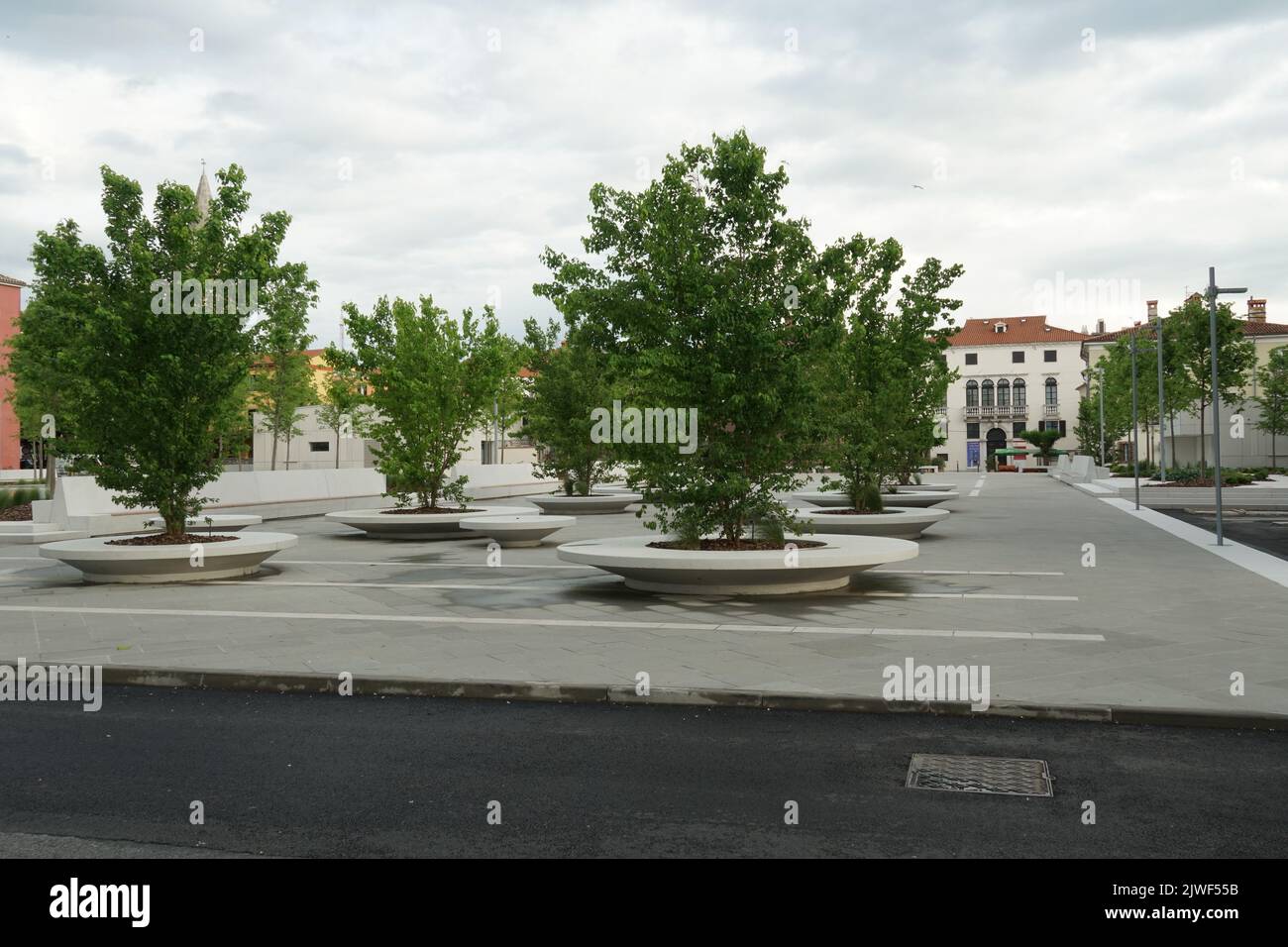 View on stone large planters for live trees in residential area between houses and modern blocks of flats along main road in Koper. Stock Photo