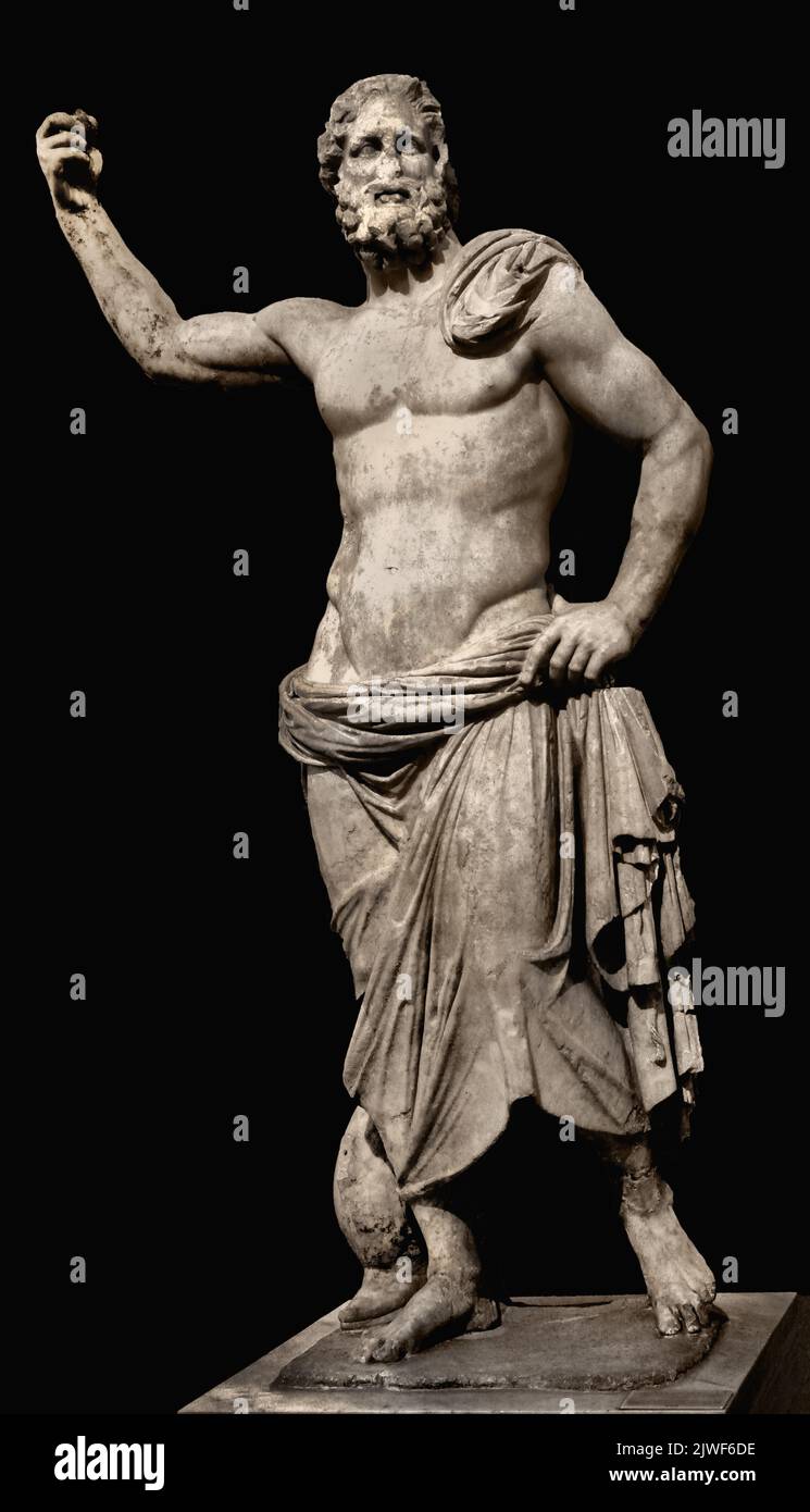 Statue of Poseidon ,(125 -100 BC), Parian marble, National Archaeological Museum in Athens, Poseidon, found in 1877 , Melos,  The larger than life-size statue depicts the god almost nude, Raised right hand he will have held the trident,Next to his leg is a support in the form of a dolphin, 125-100 B.C. 2,35 m. Stock Photo