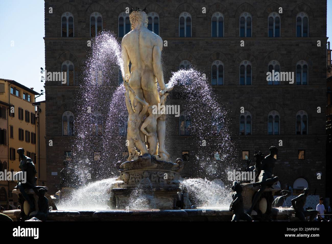 Fountain of Neptune in backlit , Florence Stock Photo
