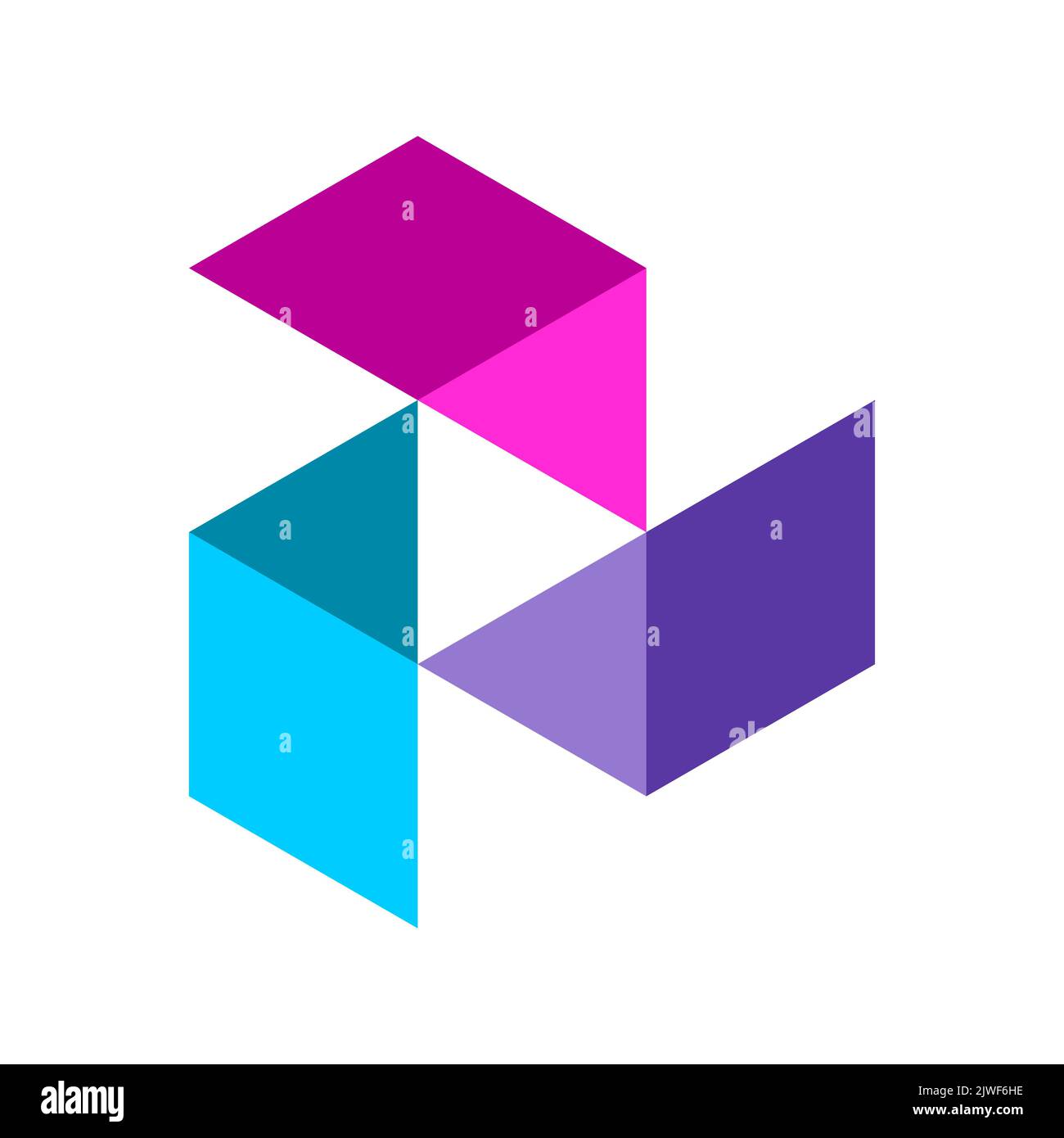 Colorful play button. Stylized geometric play symbol. Isometric shapes forming a triangle in a negative space. Right arrow or forward sign. Vector Stock Vector
