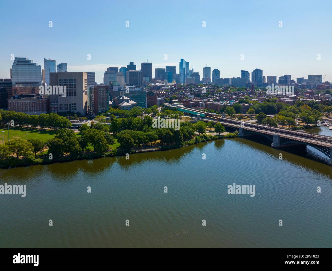 Boston financial district modern city skyline aerial view with Charles River, Boston Common and Beacon Hill historic district in downtown Boston, Mass Stock Photo