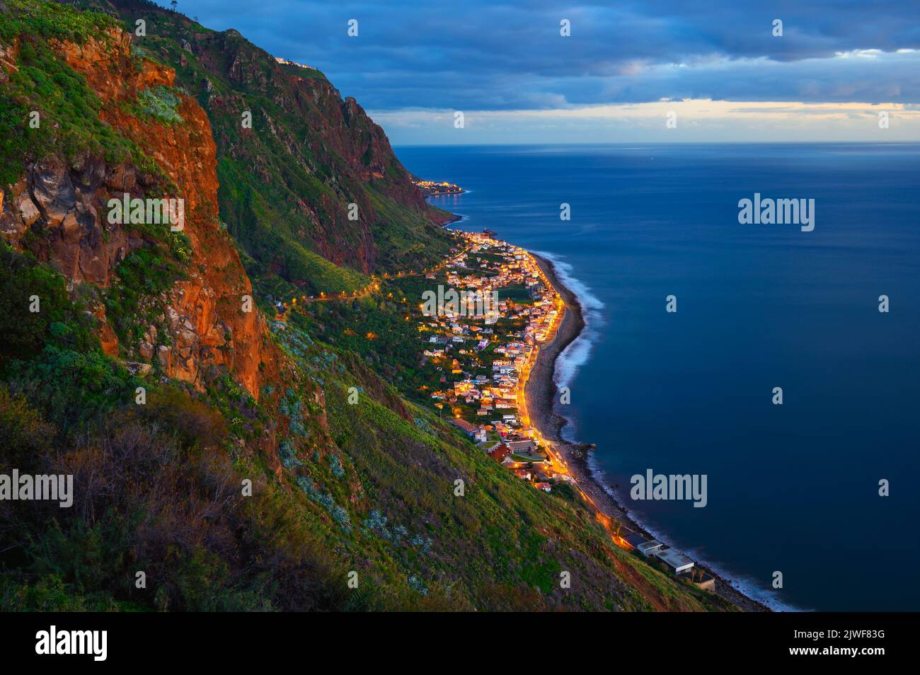 Aerial view of Paul do Mar on Madeira, Portugal at sunset Stock Photo