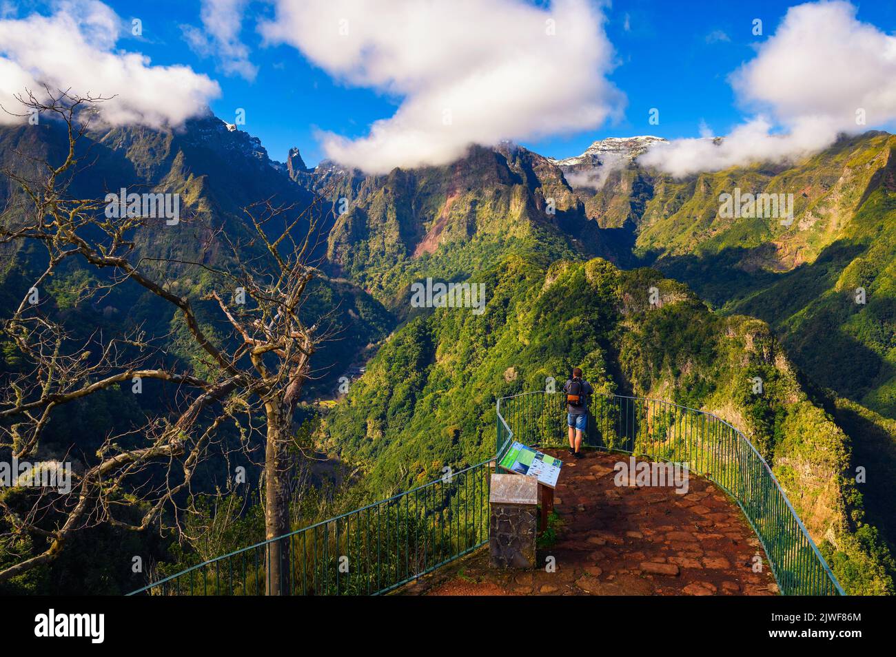 Tourist at the Balcoes viewpoint on Madeira Island, Portugal Stock Photo