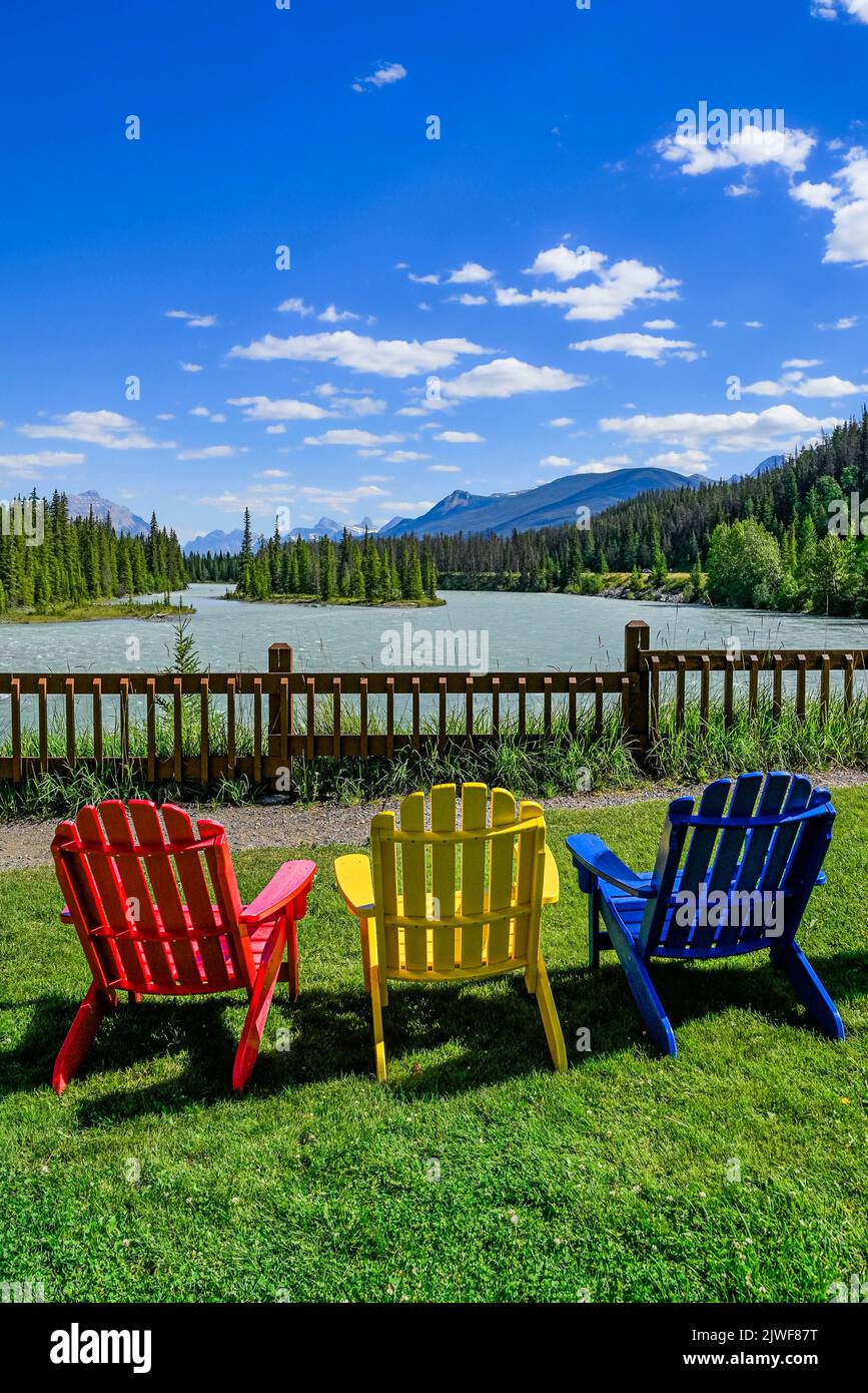 Colourful chairs, Athabasca River, Jasper National Park, Alberta, Canada Stock Photo