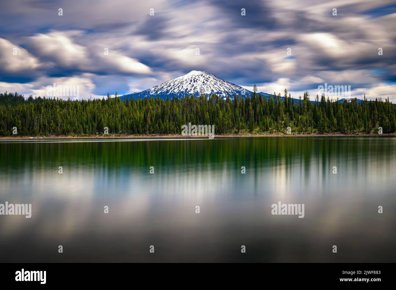 Mt. Bachelor across Elk Lake in Oregon, USA Stock Photo