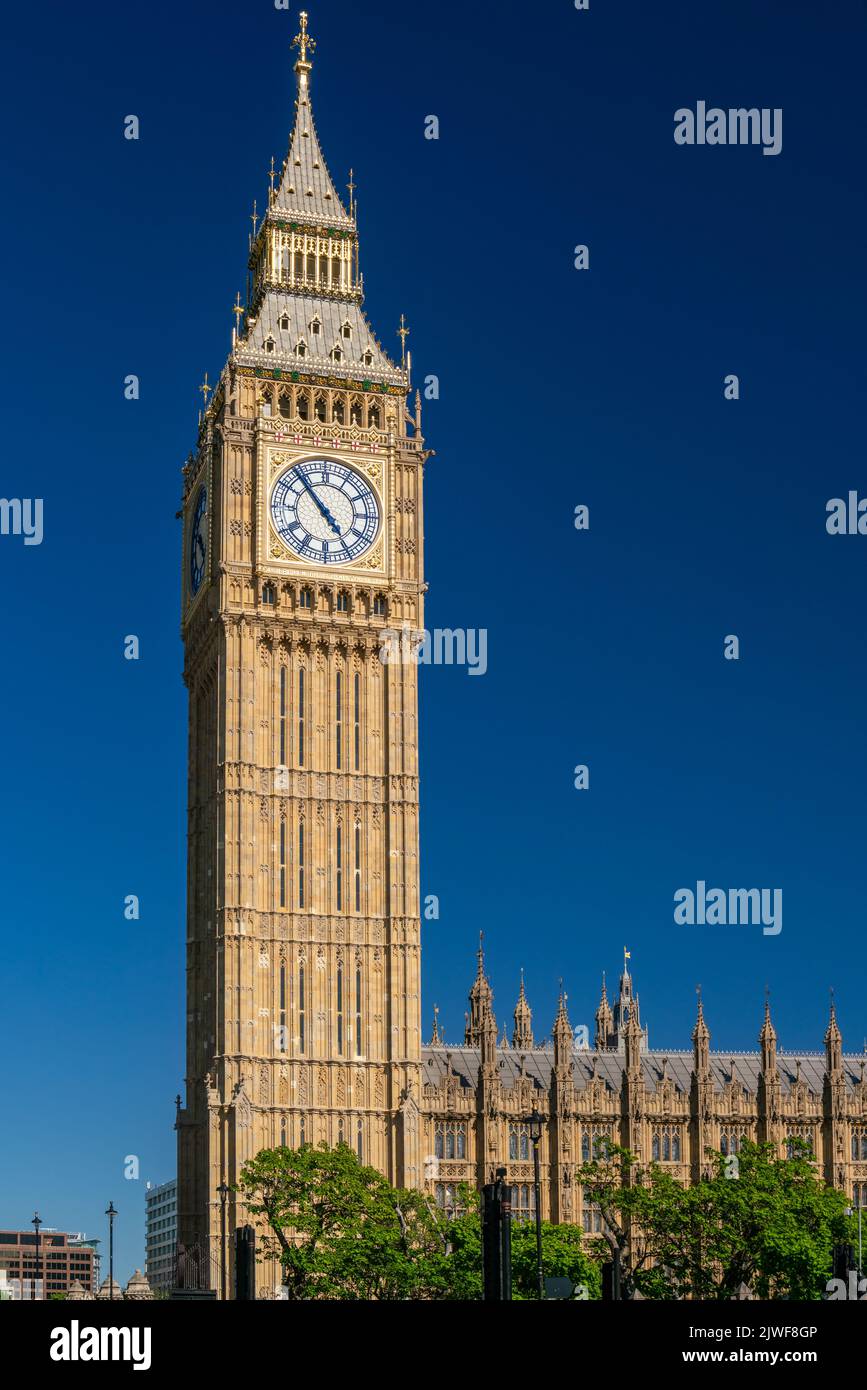 The famous landmark clock tower known as Big Ben in London, England. Part of the Palace of Westminster also known as the Houses of Parliament. Taken i Stock Photo