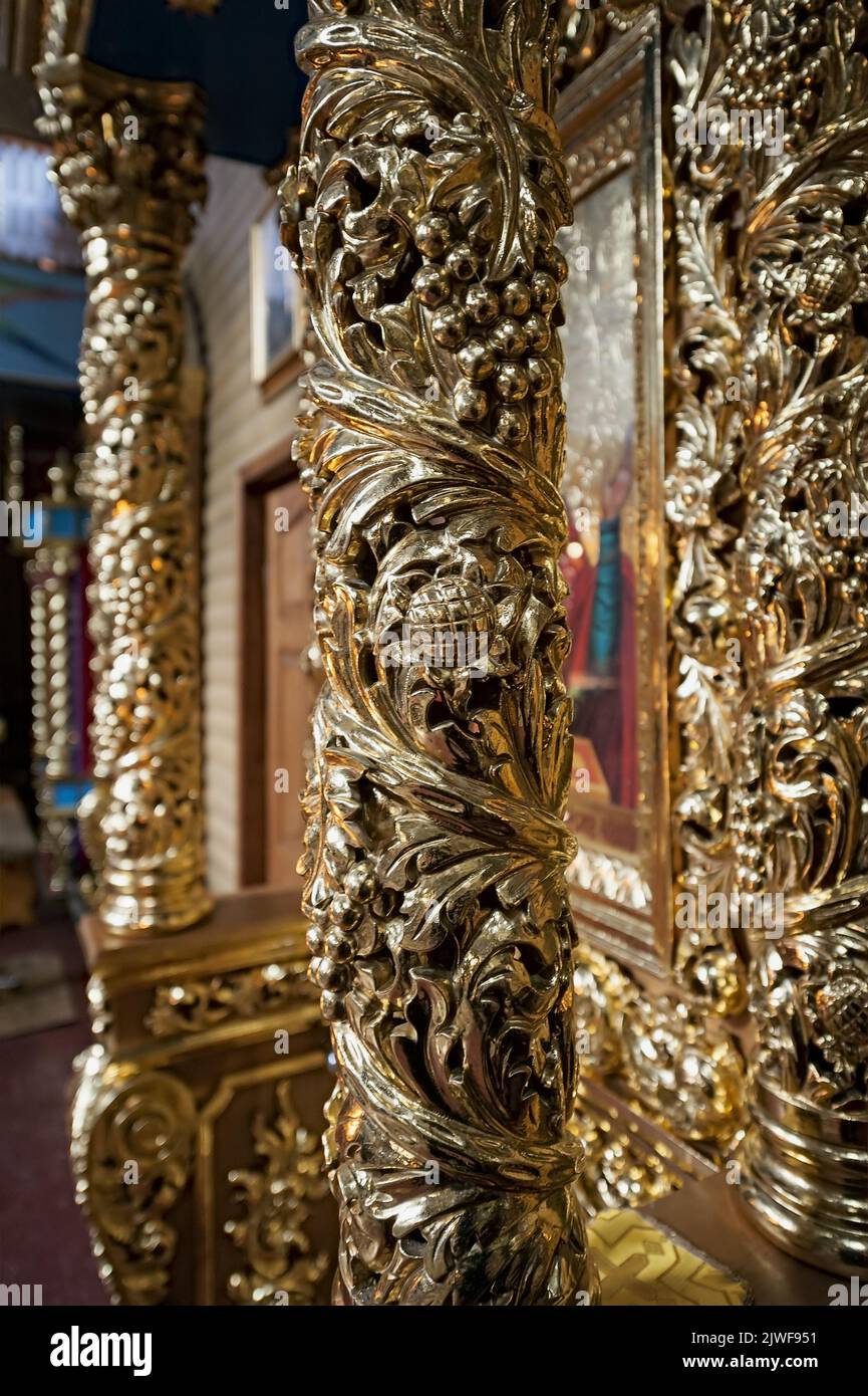 Golden interiors of Manyava Skete of the Exaltation of the Holy Cross, known as Ukrainian Athos in Carpathians of western Ukraine Stock Photo