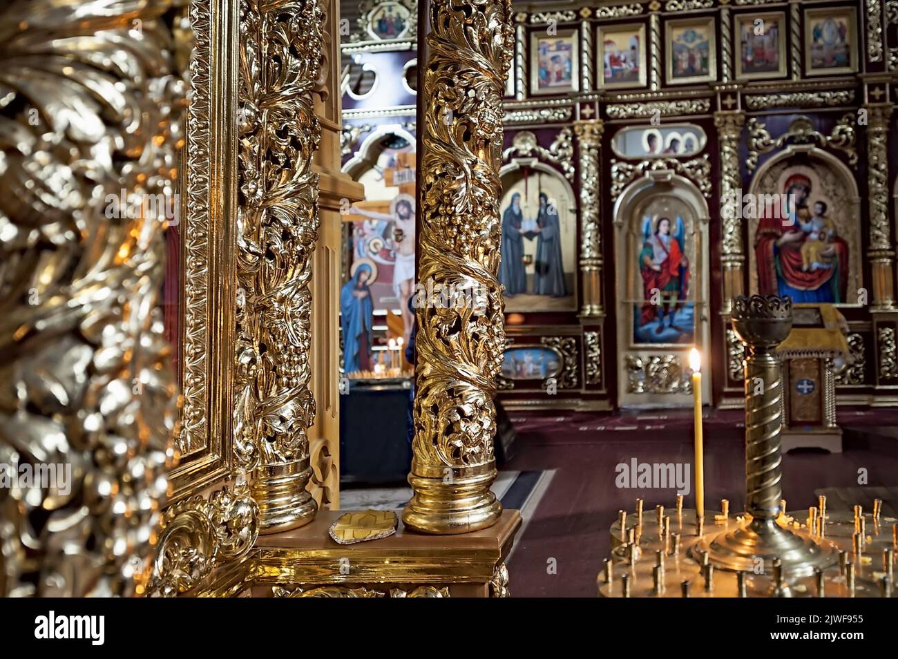 Golden interiors of Manyava Skete of the Exaltation of the Holy Cross, known as Ukrainian Athos in Carpathians of western Ukraine Stock Photo